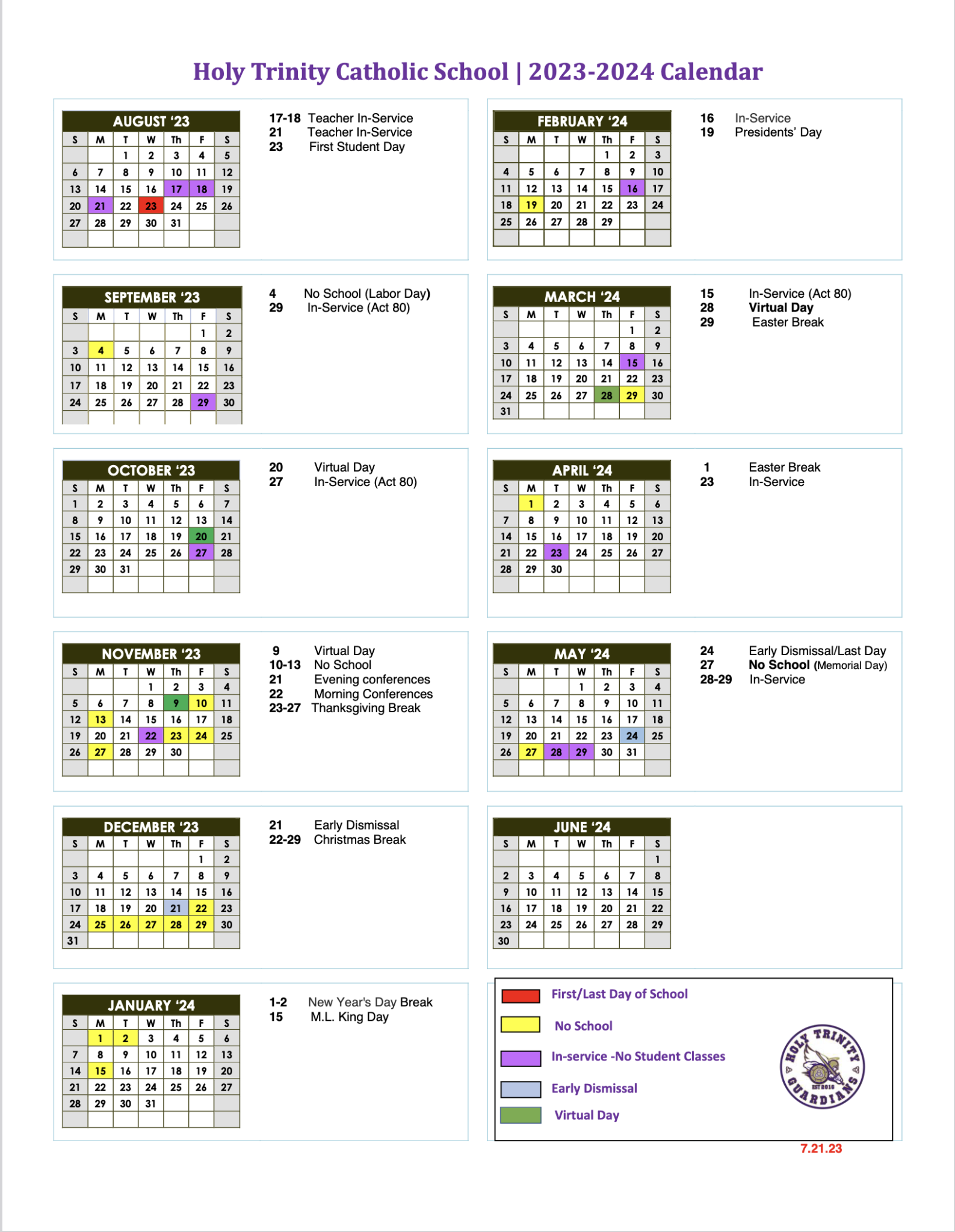 Academic Calendar 20232024 Holy Trinity Catholic School, Altoona PA